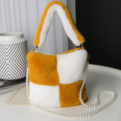 Checkerboard Plush Bucket Bag With Pearl Chain Design Winter Fashion Luxury Handbags For Women Personalized Shopping Shoulder Bags - FELICITAN STORE