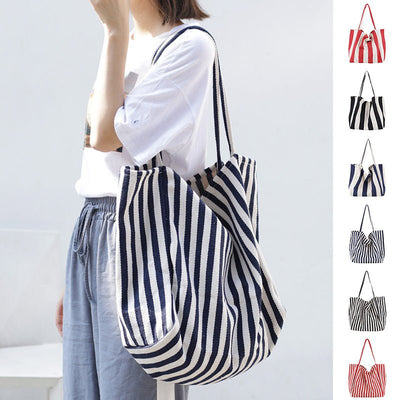 Striped Canvas Bags High Capacity Shoulder Bags For Women Fashion Shopper Handbags Casual Shopping Totes - FELICITAN STORE